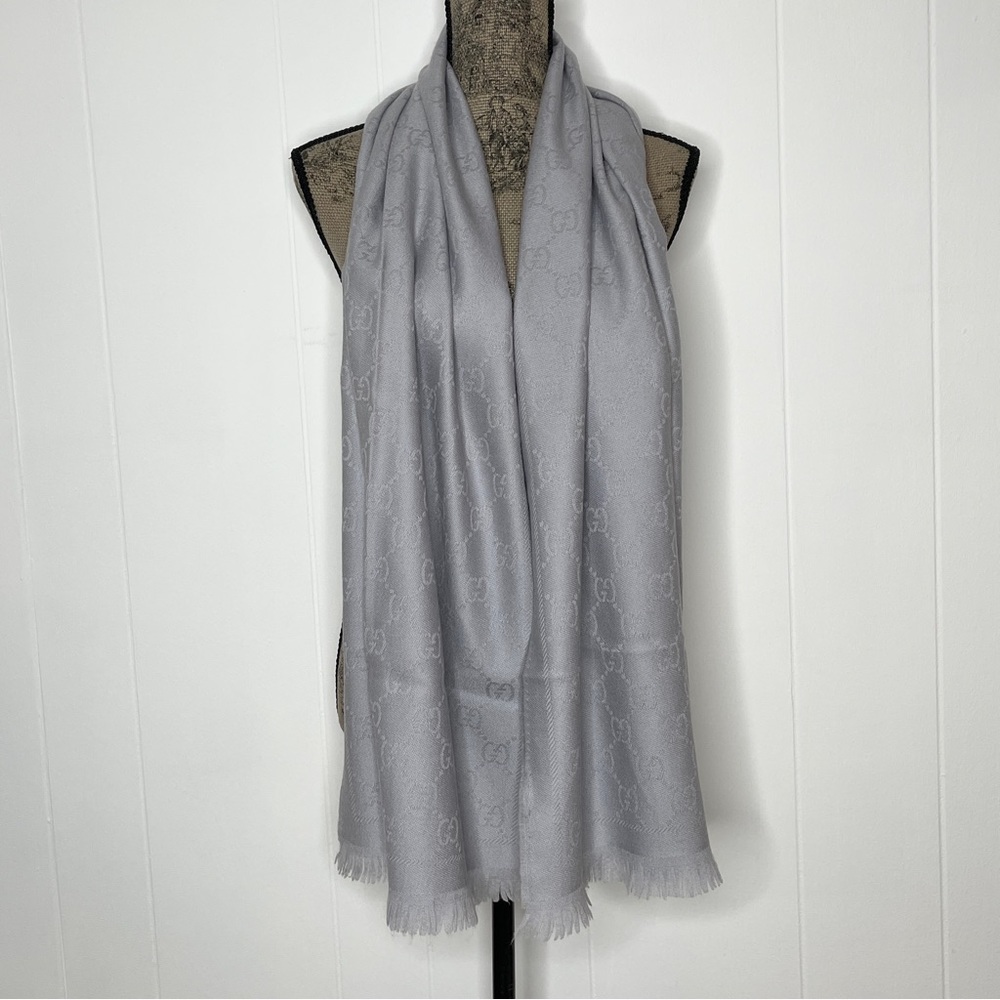 Gucci Light Gray Monogram Silk-Blend Scarf